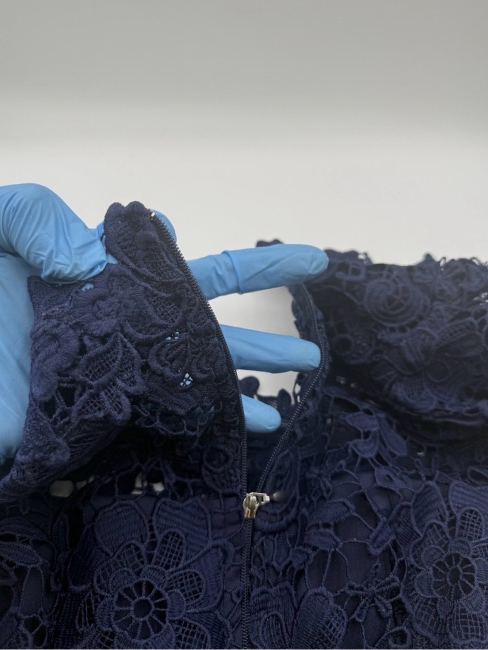 Navy Off-the-Shoulder Lace Sheath Dress - Picture 4 of 11